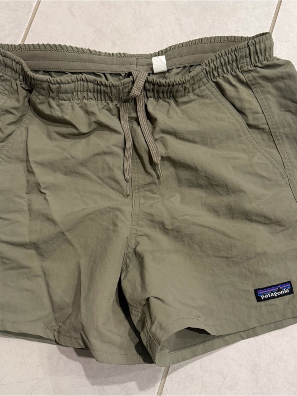 Patagonia olive/tan casual shorts with logo tag